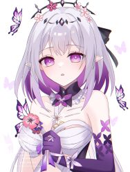 1girl bug butterfly castorice_(honkai:_star_rail) colored_inner_hair commentary_request flower grey_hair highres honkai:_star_rail honkai_(series) insect kino_(curry_pan) multicolored_hair open_mouth pink_flower pointy_ears purple_butterfly purple_eyes purple_hair revision simple_background solo two-tone_hair upper_body watermark white_background