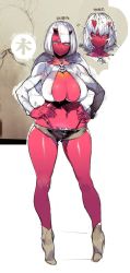 Rule 34 | 1girl, breasts, colored skin, frown, hands on own hips, highres, horns, large breasts, namaniku atk, red skin, single horn, solo