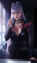 Rule 34 | 1girl, artist name, cone hair bun, cosmetics, demon girl, earrings, evelynn (league of legends), formal, hair bun, jewelry, league of legends, lipstick, lipstick tube, long hair, looking at viewer, makeup, mirror, necklace, silver hair, solo, suit, the baddest evelynn, wickellia, yellow eyes