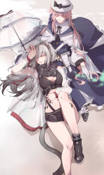 Rule 34 | 2girls, absurdres, animal ears, arknights, arm up, bare legs, black bow, black footwear, black scarf, black shorts, blue dress, bow, breasts, cat ears, cat tail, ceylon (arknights), cleavage, closed eyes, crop top, dress, dullnoko, feather hair, feet out of frame, gloves, hair between eyes, hat, hat bow, highres, jacket, long hair, long sleeves, material growth, medium breasts, midriff, multiple girls, navel, open clothes, open jacket, open mouth, oripathy lesion (arknights), petticoat, pink hair, scarf, schwarz (arknights), shoes, short shorts, shorts, silver hair, stomach, tail, thighs, umbrella, very long hair, white gloves, white headwear, white jacket, white umbrella, yellow eyes