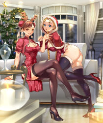 Rule 34 | 2girls, adapted costume, alternate costume, antenna hair, antlers, ass, black footwear, black thighhighs, blonde hair, blue eyes, bottomless, braid, breasts, brown eyes, brown hair, brown thighhighs, bun cover, cammy white, capcom, capelet, christmas tree, chun-li, cleavage, couch, crossed legs, double bun, dress, earrings, fake antlers, full body, fur trim, grin, hair bun, high heels, highres, hood, hooded capelet, horns, indoors, jewelry, large breasts, leotard, lips, long legs, low twin braids, multiple girls, no pants, paw pose, puckered lips, red capelet, red dress, red footwear, red hood, red leotard, reindeer antlers, seed01010, short hair, side slit, sitting, smile, street fighter, stud earrings, thighhighs, thong leotard, twin braids, waving