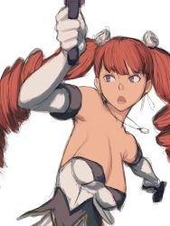 Rule 34 | 1girl, :o, aq interactive, arcana heart, arcana heart 2, armpits, atlus, breasts, buster, cleavage, detached sleeves, dress, drill hair, dual wielding, elbow gloves, examu, flat color, flower, fumio (rsqkr), gloves, gun, hair flower, hair ornament, handgun, hands on own hips, holding, jewelry, large breasts, long hair, necklace, no bra, open mouth, orange hair, outstretched arms, petra johanna lagerkvist, purple eyes, red hair, rose, simple background, solo, spread arms, twin drills, twintails, upper body, weapon, white background