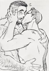 Rule 34 | 2boys, age switch, aged down, aged up, arm hair, bara, beard, billy russell (dickfish), chest hair, couple, dickfish (fishismdick), facial hair, french kiss, from side, glasses, highres, john rottweil (dickfish), kiss, licking, licking another&#039;s face, licking another&#039;s lips, male focus, mature male, multiple boys, muscular, muscular male, mustache, nude, original, pectorals, scan, scar, scar on back, short hair, sideburns, sketch, thick eyebrows, traditional media, upper body, yaoi