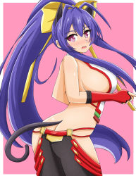Rule 34 | 1girl, animal ears, antenna hair, arc system works, artist request, ass, bare shoulders, blazblue, blue hair, bow, breasts, butt crack, cat ears, cat tail, fingerless gloves, from behind, genderswap, genderswap (mtf), gloves, hair bow, hair ribbon, halterneck, highres, large breasts, long hair, looking at viewer, looking back, mai natsume, pants, ponytail, purple eyes, ribbon, shiny skin, sideboob, solo, tail, very long hair
