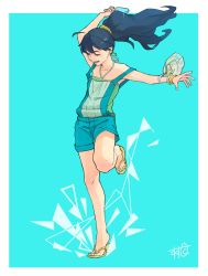Rule 34 | 1girl, arm up, artist name, bag, blue background, blue hair, bracelet, earrings, flip-flops, food, full body, ganaha hibiki, green nails, green shirt, halterneck, highres, holding, holding food, hoop earrings, idolmaster, idolmaster (classic), jewelry, long hair, nail polish, open mouth, outstretched arm, overall shorts, overalls, plastic bag, ponytail, popsicle, sandals, shima (landsuzume), shirt, smile, solo, standing, standing on one leg, toenail polish, toenails, yellow footwear