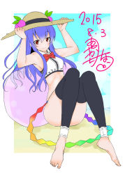 Rule 34 | 1girl, adapted costume, adjusting clothes, adjusting headwear, alternate costume, armpits, arms up, ayakase riberi, barefoot, beach, black thighhighs, blue hair, bow, bowtie, food, fruit, hands on headwear, hat, hinanawi tenshi, long hair, looking at viewer, peach, rainbow order, red bow, red bowtie, red eyes, sitting, sky, sleeveless, smile, solo, summer, thighhighs, toeless legwear, toes, touhou