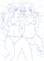 Rule 34 | 2girls, barefoot, bed sheet, blue theme, blush, bow, bow bra, bow panties, bra, breasts, cameltoe, candy, cellphone, commentary, crotch seam, cut bangs, earclip, earrings, food, frilled panties, frills, from above, groin, hair bun, hair ribbon, heads together, highres, hirogaru sky! precure, holding, holding phone, jewelry, knee up, lollipop, long hair, lying, medium hair, miyagoe yoshitsuki, monochrome, multiple girls, navel, nijigaoka mashiro, on back, on bed, open mouth, panties, phone, precure, ribbon, side-by-side, side ponytail, single hair bun, single sidelock, small breasts, smartphone, smile, sora harewataru, spot color, thigh gap, underwear, underwear only