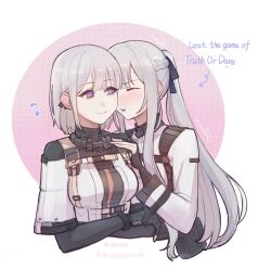 Rule 34 | 2girls, ak-12 (girls&#039; frontline), arianaleonardo, arrow (symbol), black gloves, blush, braid, chest harness, closed eyes, commentary, cropped torso, elbow gloves, english text, fingerless gloves, french braid, girls&#039; frontline, gloves, harness, highres, jacket, long sleeves, multiple girls, musical note, ponytail, purple eyes, rpk-16 (girls&#039; frontline), simple background, smile, symbol-only commentary, twitter username, white background, white hair, white jacket, yuri