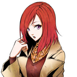 Rule 34 | 1girl, :o, brown coat, checkered clothes, checkered shirt, coat, hand up, long sleeves, looking at viewer, love live!, love live! school idol project, nishikino maki, open mouth, plaid, plaid shirt, purple eyes, red hair, red vest, shirt, simple background, solo, upper body, vest, vice (kuronekohadokoheiku), white background