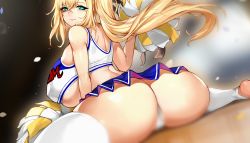 Rule 34 | 1girl, absurdres, aqua eyes, ass, back, bare shoulders, blonde hair, blurry, blurry foreground, blush, breasts, censored, cheerleader, crop top, feet, feet out of frame, female focus, from behind, gurimjang, hair between eyes, highres, holding, holding pom poms, huge ass, huge breasts, large breasts, long hair, looking at viewer, looking back, panties, pom pom (cheerleading), pom poms, sitting, skindentation, smile, solo, tagme, thick thighs, thighhighs, thighs, underwear, wariza, white legwear, white panties, white thighhighs