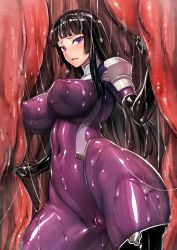 Rule 34 | 1girl, blush, bodysuit, boots, breasts, cameltoe, cleft of venus, covered erect nipples, cowboy shot, elbow gloves, gloves, kamori sayaka, large breasts, latex, long hair, looking at viewer, open mouth, original, purple eyes, rindou (radical dream), skin tight, solo, thigh boots, thighhighs, thighs