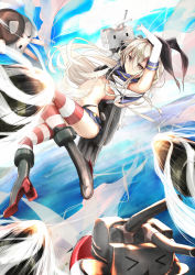 Rule 34 | &gt; &lt;, 10s, 1girl, blonde hair, boots, brown eyes, chippucream, closed eyes, elbow gloves, gloves, grey footwear, hairband, highres, kantai collection, lifebuoy, long hair, personification, rensouhou-chan, shimakaze (kancolle), skirt, socks, striped clothes, striped thighhighs, swim ring, thighhighs, white gloves