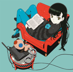 Rule 34 | 10s, 1girl, black footwear, black hair, black sweater, blue background, blue thighhighs, book, button eyes, buttons, cable, chair, computer, cuffs, dress, female focus, from above, full body, handcuffs, holding, holding book, laptop, long hair, lying, mizunoto kanae, on back, open book, parted lips, sasa kazamori, shoes, simple background, sitting, solo, striped clothes, striped sweater, sweater, sweater dress, table, thighhighs, un-go, yellow eyes