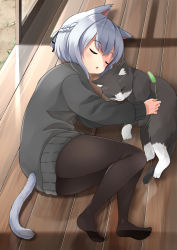 Rule 34 | 1girl, animal, animal ears, black pantyhose, black ribbon, black sweater, blush, braid, cat, cat ears, cat girl, cat tail, cattail, chestnut mouth, closed eyes, commentary request, day, dress, hair ribbon, highres, holding, lying, no shoes, on side, original, outdoors, pantyhose, parted lips, plant, ponytail, ribbon, sidelocks, silver hair, sleeping, solo, sora (silent square), sweater, sweater dress, tail, veranda