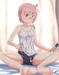 Rule 34 | 1girl, ahoge, bare shoulders, barefoot, blue shorts, blush, breasts, cellphone, collarbone, food, glasses, highres, indoors, looking at viewer, nonohara yuzuko, phone, pink eyes, pink hair, popsicle, short hair, shorts, small breasts, solo, spread legs, sweat, wet, wet clothes, yuukin, yuyushiki