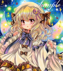Rule 34 | 1girl, blonde hair, blue background, blush, bow, bowtie, brown bow, brown ribbon, crescent, crescent hair ornament, crescent print, dress, drill hair, fairy, fairy wings, frilled dress, frills, hair ornament, hair ribbon, hat, hat ribbon, long hair, long sleeves, looking at viewer, luna child, marker (medium), moon print, open mouth, pinching sleeves, red eyes, ribbon, rui (sugar3), sample watermark, solo, sparkle, standing, touhou, traditional media, upper body, watermark, white dress, white hat, wide sleeves, wings