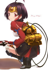 Rule 34 | 10s, 1girl, armor, back, bandages, black hair, blue ribbon, breasts, cable, character name, closed mouth, eyelashes, full body, gun, hair ornament, headpiece, holding, holding gun, holding weapon, koutetsujou no kabaneri, long sleeves, looking at viewer, looking back, mumei (kabaneri), pachi (sugiyama0306), red eyes, ribbon, shadow, shoes, short hair, simple background, solo, squatting, steampunk, toeless footwear, topknot, trigger discipline, weapon, white background