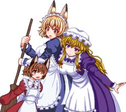 Rule 34 | 3girls, :o, ;d, alternate costume, animal ears, apron, blonde hair, bow, breasts, broom, brown eyes, brown hair, cat ears, chen, closed mouth, commentary request, enmaided, fang, hair bow, hair ribbon, hat, holding, holding broom, juliet sleeves, large breasts, long hair, long sleeves, looking at viewer, lowres, maid, maid headdress, mob cap, multiple girls, no headwear, one eye closed, open mouth, orange eyes, petite, pixel art, puffy sleeves, purple eyes, red bow, ribbon, short hair, size difference, skin fang, smile, surprised, touhou, transparent background, tress ribbon, unk kyouso, white headwear, yakumo ran, yakumo yukari