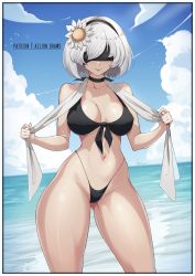 Rule 34 | 1girl, aelion draws, bare arms, bare shoulders, bikini, bird, black bikini, black hairband, blindfold, border, breasts, cleavage, closed mouth, cloud, collarbone, commentary, english commentary, flock, flower, gluteal fold, grey hair, hair flower, hair ornament, hairband, highres, knees out of frame, large breasts, legs apart, lipstick, makeup, mole, mole under mouth, navel, nier (series), nier:automata, ocean, outdoors, patreon username, sash, shadow, sky, smile, solo, string bikini, swimsuit, thick thighs, thighs, thong bikini, white bird, white border, white hair, wide hips, 2b (nier:automata)