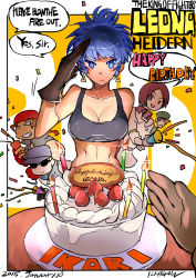 Rule 34 | 2girls, 3boys, absurdres, beret, birthday cake, black gloves, blue eyes, blue hair, blush, breasts, cake, candle, character name, chibi, chibi inset, clark still, cleavage, confetti, copyright name, earrings, embarrassed, english text, food, gloves, happy birthday, hat, heidern, highres, ichigai (hayawossan), ikari warriors, jewelry, leona heidern, midriff, military, military uniform, multiple boys, multiple girls, party popper, pov, ralf jones, salute, snk, solo focus, sunglasses, the king of fighters, toned, uniform, whip (kof)