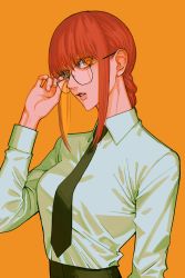 Rule 34 | 1girl, black necktie, black pants, braid, braided ponytail, breasts, business suit, chainsaw man, formal, glasses, highres, iamthekingofegg, long hair, long sleeves, makima (chainsaw man), medium breasts, necktie, neckwear request, office lady, orange background, pants, red hair, ringed eyes, shirt, sidelocks, simple background, solo, suit, upper body, white shirt, yellow eyes