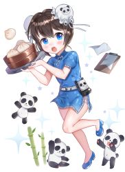 Rule 34 | 1girl, absurdres, bamboo, belt, blue eyes, brown hair, bun cover, china dress, chinese clothes, clipboard, double bun, dress, dumpling, floral print, food, full body, highres, open mouth, original, panda, paper, pouch, round teeth, sparkle, teeth, tray, ubi (ekdus6080)