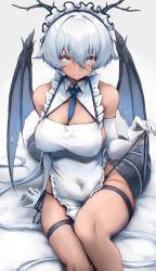 Rule 34 | 1girl, absurdres, between breasts, blue necktie, blue panties, blush, breasts, cleavage, closed mouth, commentary request, dragon girl, dragon horns, dragon tail, dragon wings, elbow gloves, gloves, grey background, hair between eyes, highres, horns, inre kemomimi, looking at viewer, maid, maid headdress, medium breasts, necktie, necktie between breasts, original, panties, side-tie panties, simple background, sitting, smile, solo, tail, thigh strap, thighs, underwear, white gloves, wings