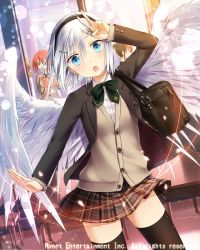 Rule 34 | 1girl, angel wings, arm up, black thighhighs, blue eyes, blush, bow, brown skirt, cross hair ornament, falkyrie no monshou, green bow, hair ornament, hairclip, looking at viewer, natsumekinoko, official art, open mouth, plaid, plaid skirt, short hair, silver hair, skirt, sweater vest, thighhighs, v, wings