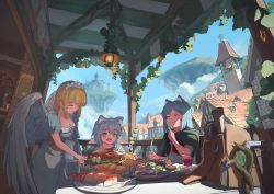 Rule 34 | 3girls, :t, absurdres, angel, angel wings, animal ear fluff, animal ears, apron, backpack, bag, bell, blonde hair, blue hair, blush, bread, castle, cat ears, chicken (food), city, cliff, closed eyes, cloud, corset, cup, day, dress, drinking glass, eating, egg (food), fang, fantasy, female focus, fisheye, floating island, food, fork, green eyes, highres, holding, holding fork, holding knife, house, knife, lantern, lobster, maid apron, maid headdress, meat, medium hair, momososeji, multiple girls, original, plant, plate, porch, purple hair, railing, restaurant, sheath, sheathed, sign, spoon, staff, sword, table, tablecloth, tile roof, unworn backpack, unworn bag, vines, waitress, weapon, wings