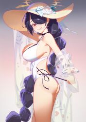 Rule 34 | 1girl, absurdres, ass, bikini, black bikini, black hair, blue archive, blush, braid, breasts, choker, closed mouth, clothing cutout, collarbone, cowboy shot, cross, cross earrings, earrings, flower, hair over one eye, halo, hat, hat flower, highres, hinata (blue archive), hinata (swimsuit) (blue archive), jewelry, large breasts, layered bikini, layered swimsuit, long hair, looking at viewer, official alternate costume, one-piece swimsuit, one eye covered, red eyes, see-through, serelith, side cutout, single braid, smile, solo, standing, sun hat, swimsuit, thighs, very long hair, white one-piece swimsuit, yellow halo