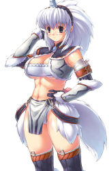 Rule 34 | 1girl, abs, bandages, blush, breasts, capcom, cleavage, earrings, fur, hairband, hand on own hip, horns, jewelry, kirin (armor), large breasts, monster hunter (series), simple background, single horn, solo, tail, thighhighs, uchiu kazuma, underboob, unicorn, white hair