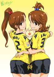 Rule 34 | 2girls, arm around waist, ass, borussia dortmund, brown eyes, brown hair, dated, flipped hair, from behind, futami ami, futami mami, germany, grin, hair bobbles, hair ornament, heart, heart hands, heart hands duo, idolmaster, idolmaster (classic), inoue sora, long hair, multiple girls, pantylines, shorts, siblings, side ponytail, sisters, smile, soccer, soccer uniform, sportswear, star (symbol), topknot, twins