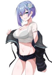 Rule 34 | 1girl, absurdres, black jacket, blue eyes, blue hair, blush, bra visible through clothes, breasts, counter:side, earrings, flower, gradient hair, hair flower, hair ornament, highres, jacket, jewelry, levia tanis, looking at viewer, medium breasts, multicolored hair, navel, purple hair, removing jacket, royalmonkey, shiny skin, shirt, shirt rolled up, short hair, short shorts, shorts, smile, solo, stomach, thighs, transparent background, undressing, wet, white shirt