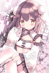 Rule 34 | 1girl, azumi kazuki, blurry, blurry background, blush, breasts, brown eyes, brown hair, bun cover, chinese clothes, closed mouth, commentary request, crossed legs, curtains, depth of field, double bun, feet out of frame, floral print, frilled sleeves, frills, hair between eyes, hair bun, hair intakes, highres, long hair, long sleeves, looking at viewer, original, petals, print sleeves, sitting, sleeves past fingers, sleeves past wrists, small breasts, smile, solo, thighhighs, transparent, white thighhighs, wide sleeves