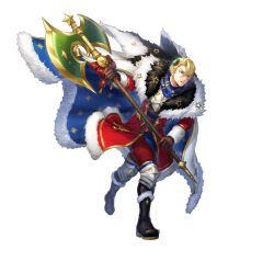 Rule 34 | 1boy, argon (exys), attack, bell, black footwear, blonde hair, blue cape, blue eyes, brown gloves, cape, dimitri alexandre blaiddyd, dimitri alexandre blaiddyd (blessed protector), fire emblem, fire emblem: three houses, fire emblem heroes, fur-trimmed cape, fur trim, gloves, halberd, male focus, mistletoe, mistletoe hair ornament, multicolored cape, multicolored clothes, nintendo, official alternate costume, official art, parted bangs, parted lips, polearm, solo, v-shaped eyebrows, weapon, white cape