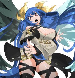 Rule 34 | 1girl, angel wings, arc system works, asymmetrical wings, bare shoulders, belt, black legwear, black panties, blue hair, breasts, cleavage, crossed arms, dizzy (guilty gear), guilty gear, guilty gear xrd, hair rings, highres, large breasts, long hair, mature female, monster girl, open mouth, panties, red eyes, ribbon, sidelocks, solo, thick thighs, thigh strap, thighs, twintails, underwear, vitallic, wings, yellow ribbon