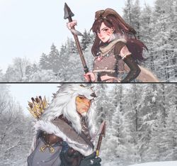 Rule 34 | 1boy, 1girl, alternate costume, animal ears, arrow (projectile), beard, brown eyes, brown hair, claws, commentary request, d.va (overwatch), detached sleeves, earrings, ecila, facepaint, facial hair, facial mark, fangs, feathers, fur trim, gloves, hair between eyes, hanzo (overwatch), jewelry, long hair, long sleeves, looking at viewer, necklace, official alternate costume, okami hanzo, outdoors, overwatch, overwatch 1, polearm, rabbit ears, rabbit ornament, ring, scarf, snow, spear, tattoo, tree, weapon, whisker markings, white hair, wolf hood, yellow eyes