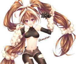 Rule 34 | 10s, 1girl, artist name, bad id, bad pixiv id, bare shoulders, black gloves, breasts, brown hair, creatures (company), elbow gloves, game freak, gen 4 pokemon, gloves, highres, long hair, lopunny, mega lopunny, mega pokemon, midriff, multicolored hair, navel, nintendo, pantyhose, pantyhose under shorts, personification, pokemon, pokemon xy, red eyes, shorts, solo, torn clothes, torn pantyhose, twintails, two-tone hair, ueno tsuki, unbuttoned, underboob, very long hair