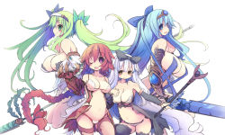 Rule 34 | 4girls, :d, ;d, bare shoulders, blue eyes, blue hair, blush, bow, braid, breasts, cleavage, collarbone, covered erect nipples, eyebrows, green eyes, green hair, hair ribbon, hairband, holding, holding weapon, kawahara megumi, lance, large breasts, long hair, looking at viewer, multiple girls, navel, one eye closed, open mouth, original, polearm, profile, purple eyes, red hair, ribbon, round teeth, simple background, single braid, smile, suspenders, teeth, twintails, very long hair, wand, weapon, white background, white hair, yellow eyes