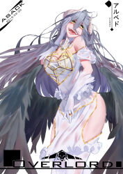 Rule 34 | 1girl, 2019, absurdres, albedo (overlord), angel wings, artist request, black hair, black wings, breasts, cleavage cutout, clothing cutout, dated, detached sleeves, dress, evil smile, fangs, gloves, highres, horns, large breasts, long hair, open mouth, overlord (maruyama), silk, smile, spider web, white background, white dress, white gloves, wings, yandere trance, yellow eyes