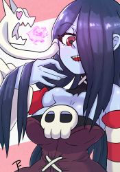 Rule 34 | 1girl, 2021, alternate hairstyle, blue skin, colored skin, fire, hair over one eye, heart, heart-shaped pupils, highres, leviathan (skullgirls), long hair, long sleeves, open mouth, painting fish, skullgirls, smile, squigly (skullgirls), stitched mouth, stitches, striped, surprised, symbol-shaped pupils, zombie
