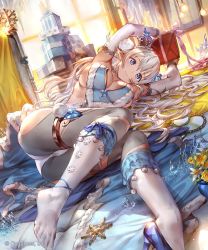 Rule 34 | 1girl, 77gl, ass, bare shoulders, blue eyes, breasts, crown, elbow gloves, feet, gem, gift, gloves, high heels, large breasts, legband, light smile, long hair, looking at viewer, lying, official art, piashi, pointy ears, shingeki no bahamut, shoes, silver hair, single shoe, snowflake print, socks, solo, thigh strap, window