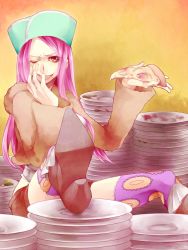 Rule 34 | 1girl, akizuki hakuto, boots, eating, female focus, food, fur jacket, hat, high heel boots, high heels, jacket, jewelry bonney, lipstick, makeup, one eye closed, one piece, patterned legwear, piercing, pink hair, pizza, plate, sabaody archipelago, shorts, sitting, solo, striped clothes, striped shorts, suspenders, thighhighs, wink