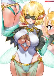 Rule 34 | 1girl, absurdres, ahoge, ass, ass cutout, ass focus, back, blonde hair, blue eyes, blush, breasts, bridal gauntlets, center opening, close-up, clothing cutout, covered navel, cowboy shot, detached sleeves, elf, eye mask, fingernails, from behind, gloves, green gloves, green panties, hair between eyes, hair ornament, highleg, highleg leotard, highres, lace, large breasts, leotard, long fingernails, looking at viewer, lower body, mask, melonbooks, multiple views, nail polish, open mouth, orange nails, original, panties, pelvic curtain, pointy ears, ribbed leotard, short hair, simple background, sweat, sweater, tearing up, thick thighs, thighhighs, thighs, thong, translucent, underboob, underwear, white background, white sweater, yanyo (ogino atsuki)