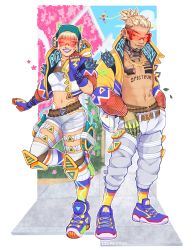 Rule 34 | 1boy, 1girl, abs, absurdres, animal ear headphones, apex legends, bare pectorals, blouse, blue headwear, cat ear headphones, commentary, commission, crop top, crypto (apex legends), drone, english commentary, fake animal ears, flower, hack (apex legends), headphones, highres, hype beast crypto, jacket, lila (lilakeylk), looking to the side, midriff, navel, official alternate costume, one eye closed, open clothes, open jacket, pants, parted lips, pectorals, petals, pink flower, ponytail, purple footwear, purple lips, shirt, shoes, sky, smile, sneakers, sunglasses, thigh strap, thighhighs, thunder kitty wattson, visor cap, wattson (apex legends), white pants, white shirt, white thighhighs, yellow jacket