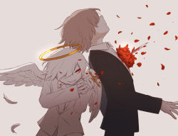 Rule 34 | 2boys, absurdres, angel, avogado6, backstab, blood, bloody weapon, boutonniere, brown background, brown hair, collared shirt, commentary request, falling petals, feathered wings, feathers, floating hair, flower, formal, hair over one eye, halo, highres, holding, holding knife, injury, jacket, knife, long sleeves, multiple boys, murder, necktie, original, parted lips, petals, profile, red eyes, red flower, red rose, rose, shirt, simple background, smirk, stab, suit, upper body, weapon, wings