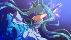 Rule 34 | 1girl, arm up, black bow, black sleeves, blue hair, blue ribbon, bow, bridal gauntlets, choker, detached sleeves, dress, floating hair, from behind, hair bow, hair ornament, hatsune miku, highres, layered dress, long dress, long hair, long sleeves, matsuda toki, night, night sky, outstretched arm, ribbon, sky, sleeveless, sleeveless dress, solo, standing, star (symbol), star hair ornament, strapless, strapless dress, twintails, very long hair, vocaloid, white dress