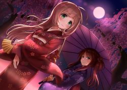 Rule 34 | 2girls, ahoge, artist request, backlighting, blonde hair, blush, bow, brown eyes, brown hair, cherry blossoms, closed mouth, crossed arms, full moon, green eyes, hair bow, hand fan, highres, idolmaster, idolmaster cinderella girls, japanese clothes, kimono, long hair, looking at viewer, mifune miyu, moon, moonlight, multiple girls, oil-paper umbrella, outdoors, parasol, purple kimono, red kimono, red moon, sato shin, smile, standing, umbrella