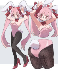 Rule 34 | 1girl, animal ears, arms up, ass, bare shoulders, black-framed eyewear, black pantyhose, blush, bow, breasts, brown eyes, cleavage, closed mouth, collarbone, di gi charat, fishnet pantyhose, fishnets, glasses, hair bow, high heels, highres, large breasts, leotard, looking at viewer, pantyhose, pink hair, pink leotard, playboy bunny, rabbit ears, rabbit girl, rabbit tail, red bow, red footwear, ri (qrcode), smile, solo, tail, twintails, usada hikaru, wrist cuffs