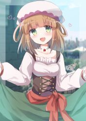 Rule 34 | 1girl, :d, blurry, blurry background, bow, breasts, brick wall, brown hair, collarbone, commentary request, day, depth of field, frilled shirt, frills, green eyes, green skirt, hair rings, heart, highres, kuriyuzu kuryuu, long sleeves, looking at viewer, medium breasts, open mouth, outdoors, princess connect!, puffy long sleeves, puffy sleeves, red bow, rino (princess connect!), shirt, signature, skirt, skirt hold, smile, solo, white headwear, white shirt